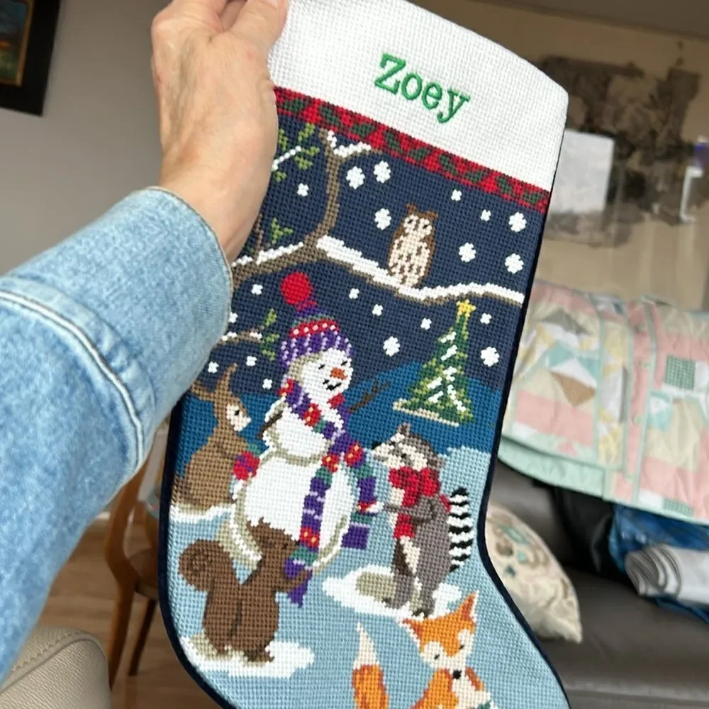 Land's End holiday stocking needlepoint ZOEY embroidered cotton velvet back New